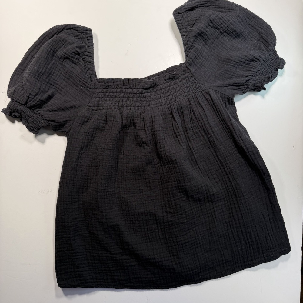 J. Crew S Black Puff Sleeve 100% Cotton Top Gauzy Classic Square Neck